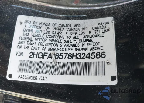 2008 Honda Civic Lx из США, поврежденный, VIN 2HGFA16578H324586